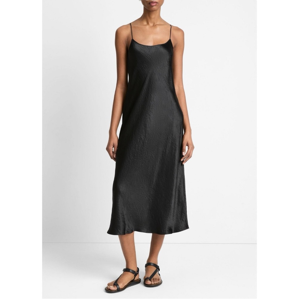 NWT VINCE Satin Slip Dress - Black Adjustable Strap Sleeveless Midi Dress sz XS
